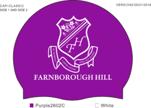A purple swim cap mock up with in white a shield with FH in the centre. Underneath it says Farnborough Hill.